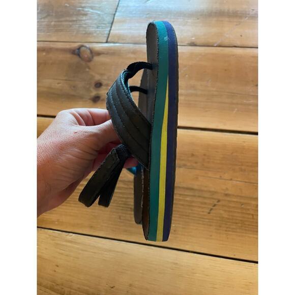 Cat & Jack Toddler Boys Flip Flops. Black w/ teal & Yellow. Size Large 9/10 - Picture 3 of 4